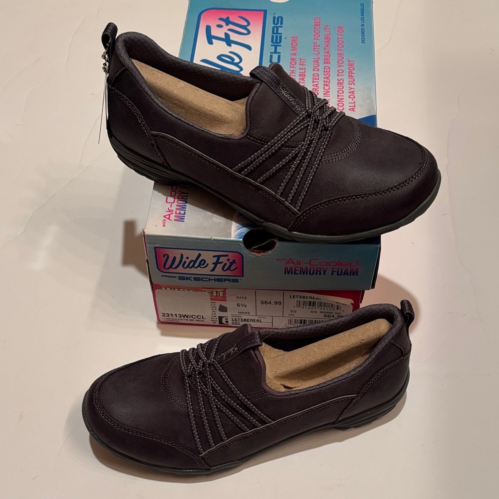 NWT Skechers Slip-On Wide Fit Sneakers in Charcoal Let’s Be Real memory foam 6.5